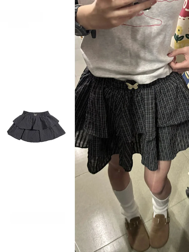 Black Plaid  A-Line Skirt Women's Summer 2024 High Waist Fluffy Cake Skirt Slimming Puffy Sister Short Half-length Skirt