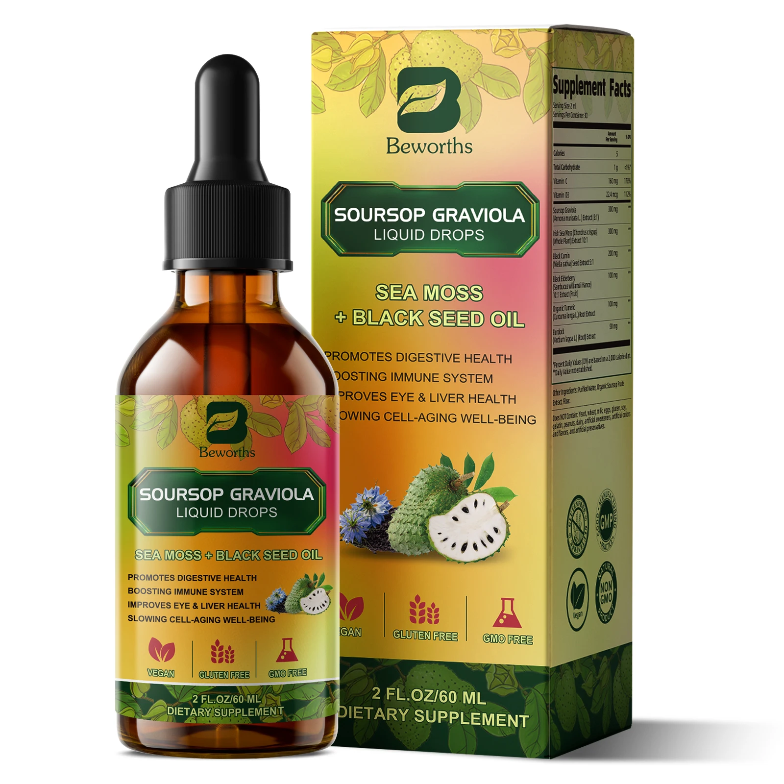 

BEWORTHS Soursop Bitters Drop Multivitamin Complex Support Antioxidant,Slowing Cell-Aging,Gut Cleanse,Detox & Immunity Health