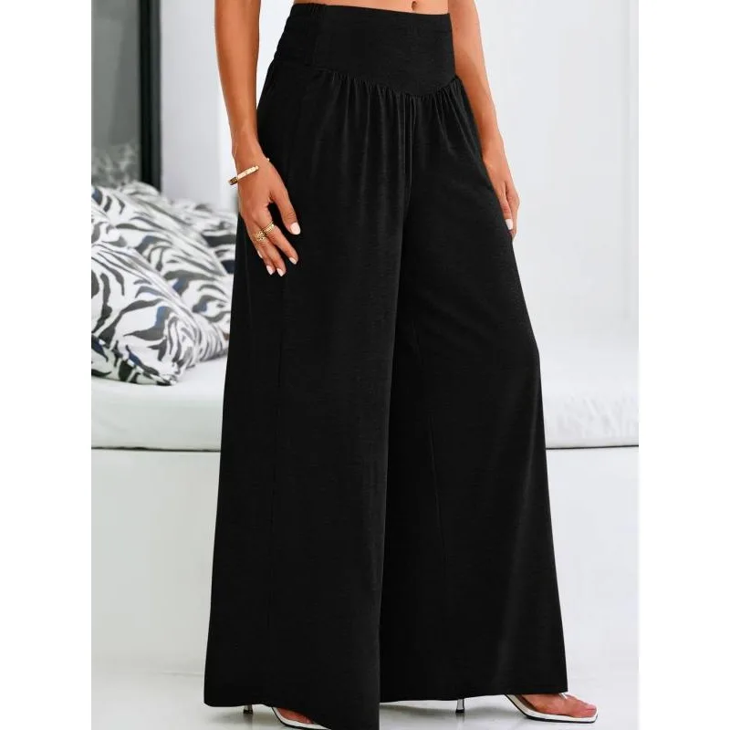 

Plus Size 1XL-5XL Women Casual Solid Color Lady Wide Leg Pants Vintage Vertical Elastic Waist Casual Straight Pants