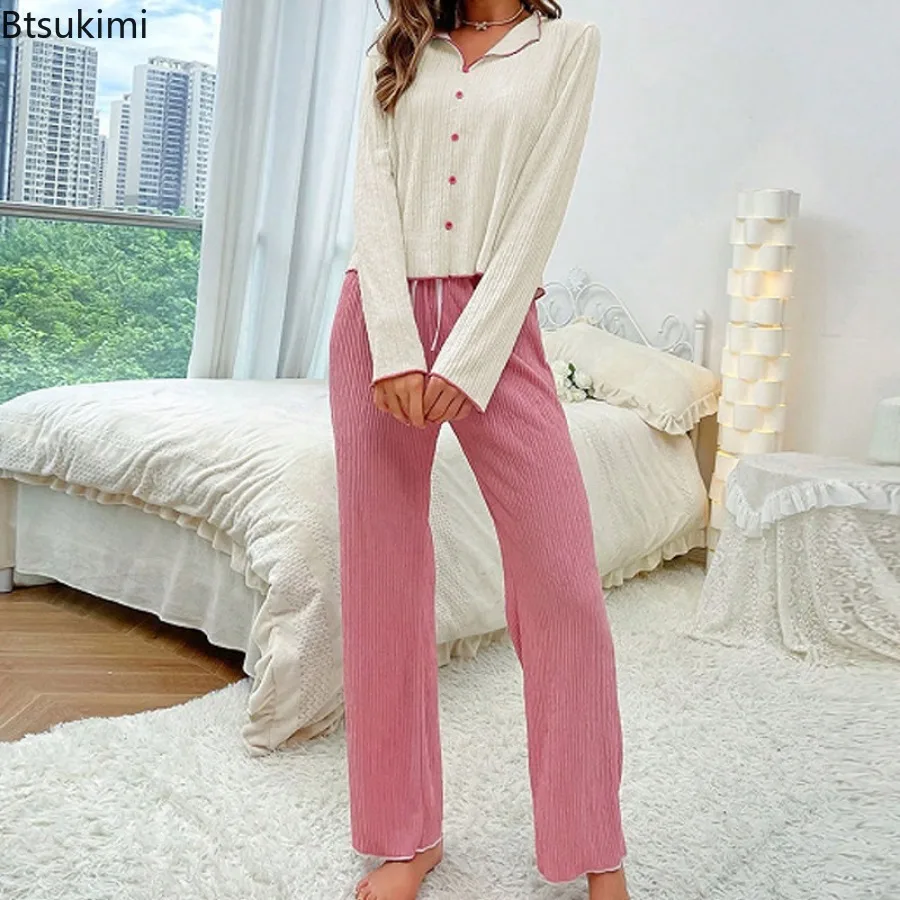 2025 Spring Autumn New Pajama Women's Set Elegant Temperament Collar Buckle Short Sleeve Pants Two Piece Set Home Wear Outerwear