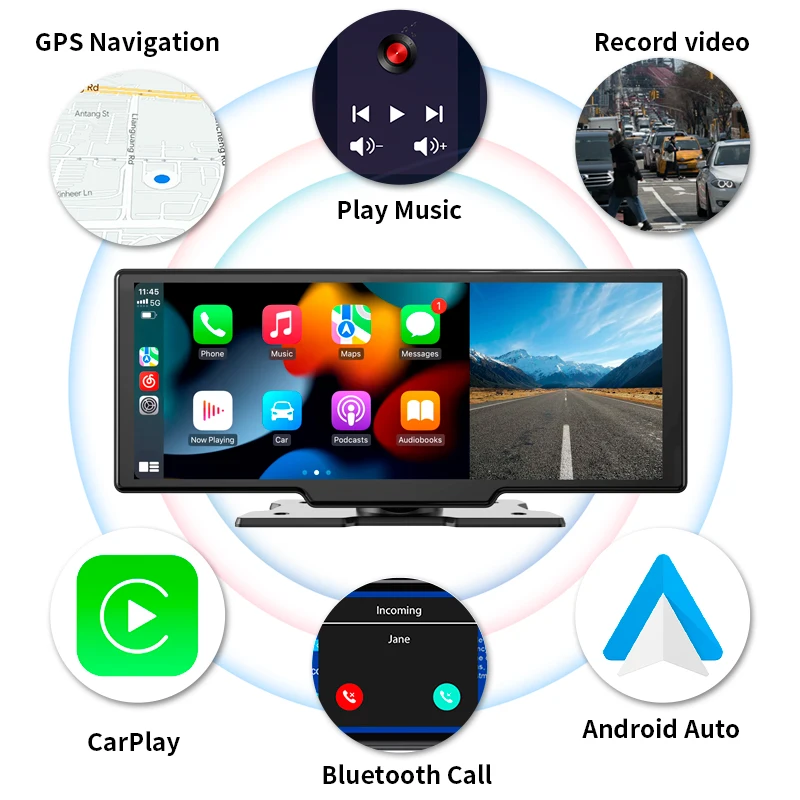10 inch Car DVR 4K Dash Cam Dual Lens Wireless Carplay & Android Auto Video Recorder Monitor GPS Navigation 5G Wifi FM AUX