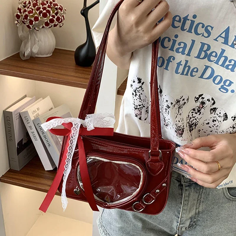 

Y2k Лолита Itabag для девочек, прозрачная карманная сумка в стиле Харадзюку с цепочкой, японская сумка через плечо с бантом, женская сумка через плечо из искусственной кожи