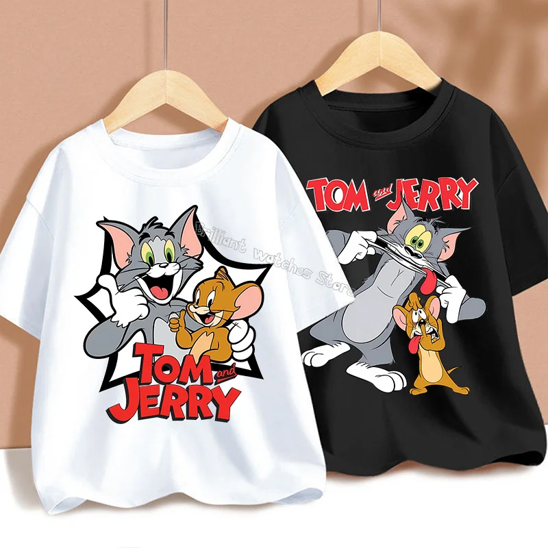 Tom and Jerry T-shirt for Children Cartoon Partern Tee Top Round Collar Clothing Black White Short Sleeve Kid Anime Clothes Gift
