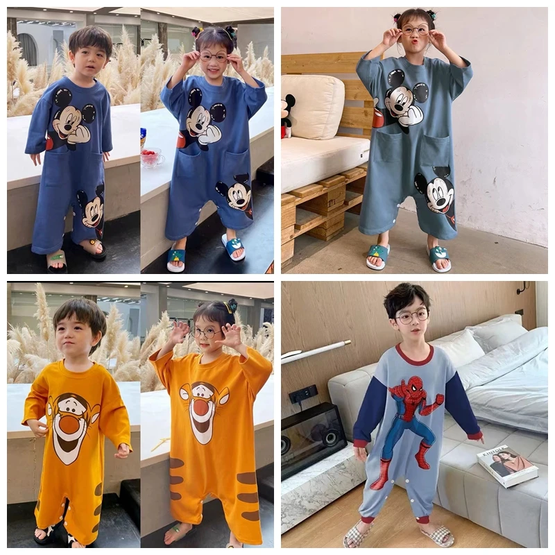 Spring Autumn Baby Boy Girl Jumpsuit Pajama Cartoon Mickey Spiderman Tiger Long Sleeve Onesie Sleepwear Children Sleeping Romper