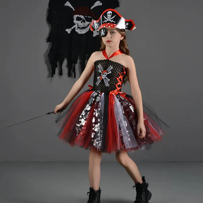 Disfraz de pirata de Halloween para niñas pequeñas, vestido tutú de pirata rojo y negro con sombrero, capa, disfraz temático de bucanero, ropa de fiesta