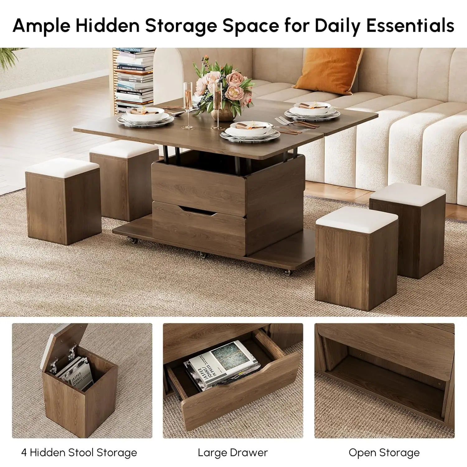 Lift-Top Coffee Table With Hidden Storage, 3-in-1 Modern Folding Center Table With 4 Stools, Casters, And Lockable Wheels – Conv
