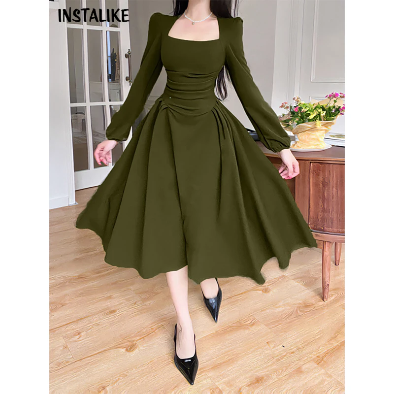 

InsLike-Women's Puff Sleeve Corsets Midi Dress, A Line, Korean Fashion, Sexy, Elegant, Pretty, Elegant, Party, Casual, Long Robe