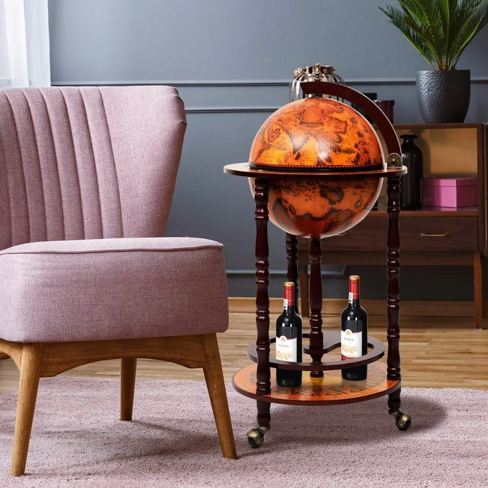 17 Wooden Globe Wine Rack, Wooden Globe Wine Bar Stand, Freely Movable Stable Liquor Bottle Shelf, Nautical Chart Wine Storage C