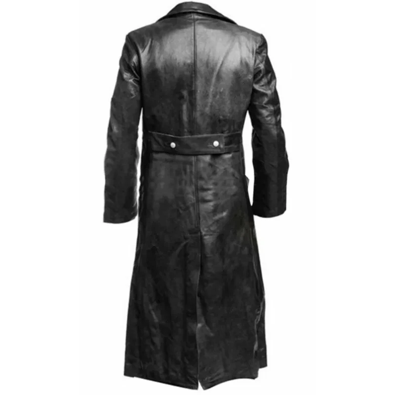 TRENCH da uomo classico tedesco WW2 uniforme militare ufficiale in pelle nera