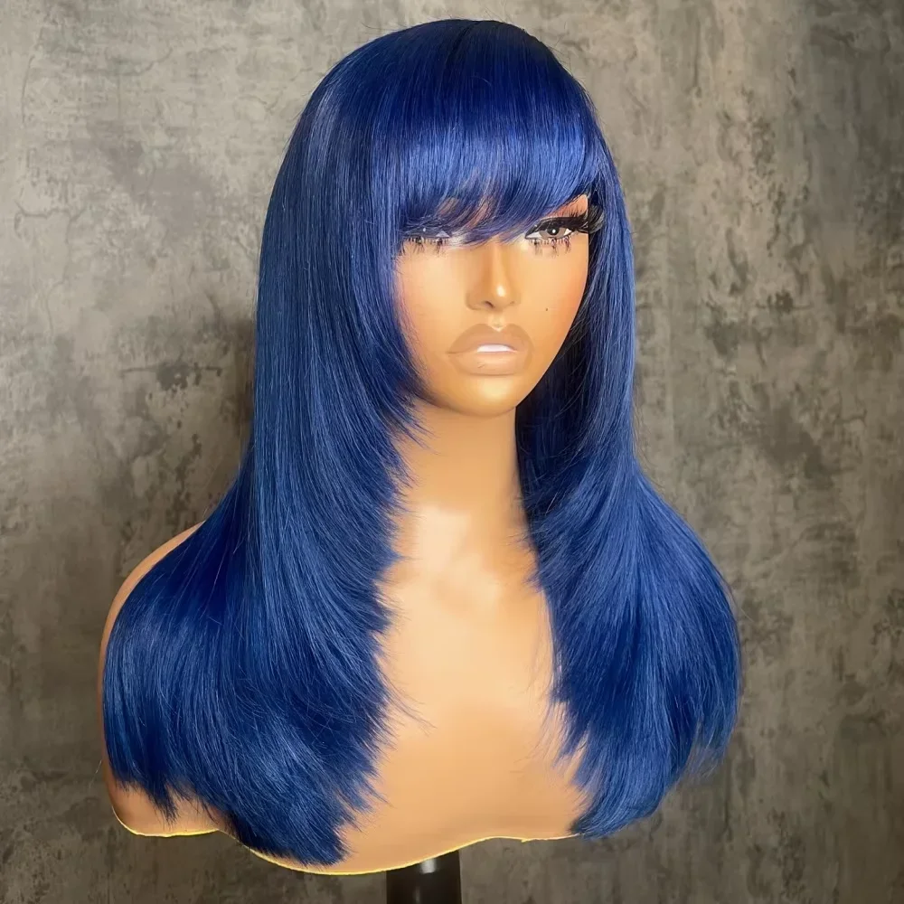 شعر مستعار بني الطبقات قطع مستقيم الدانتيل شعر مستعار أمامي مع الانفجارات الأزرق 13x4 HD الدانتيل الباروكة الأمامية الاصطناعية عالية الجودة ملابس يومية تأثيري #4