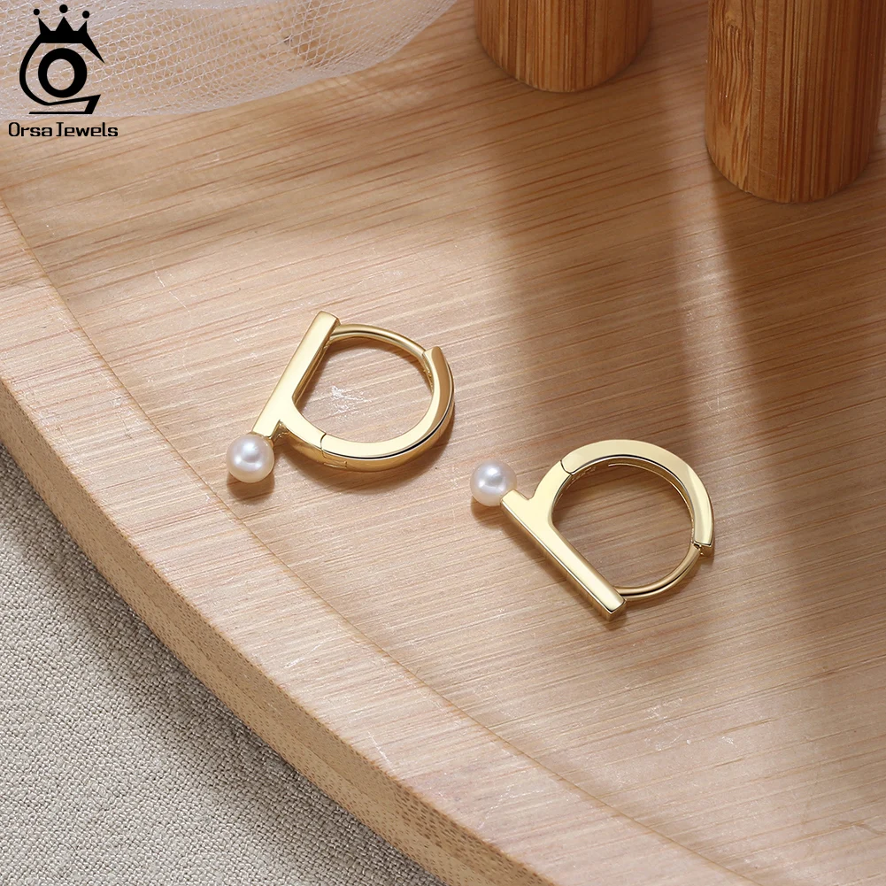 

ORSA JEWELS 925 Sterling Silver 14K Gold-Plated Simple Freshwater Pearl Ear Buckle Daily Hoop Earrings Luxury Fine Jewelry GPE36