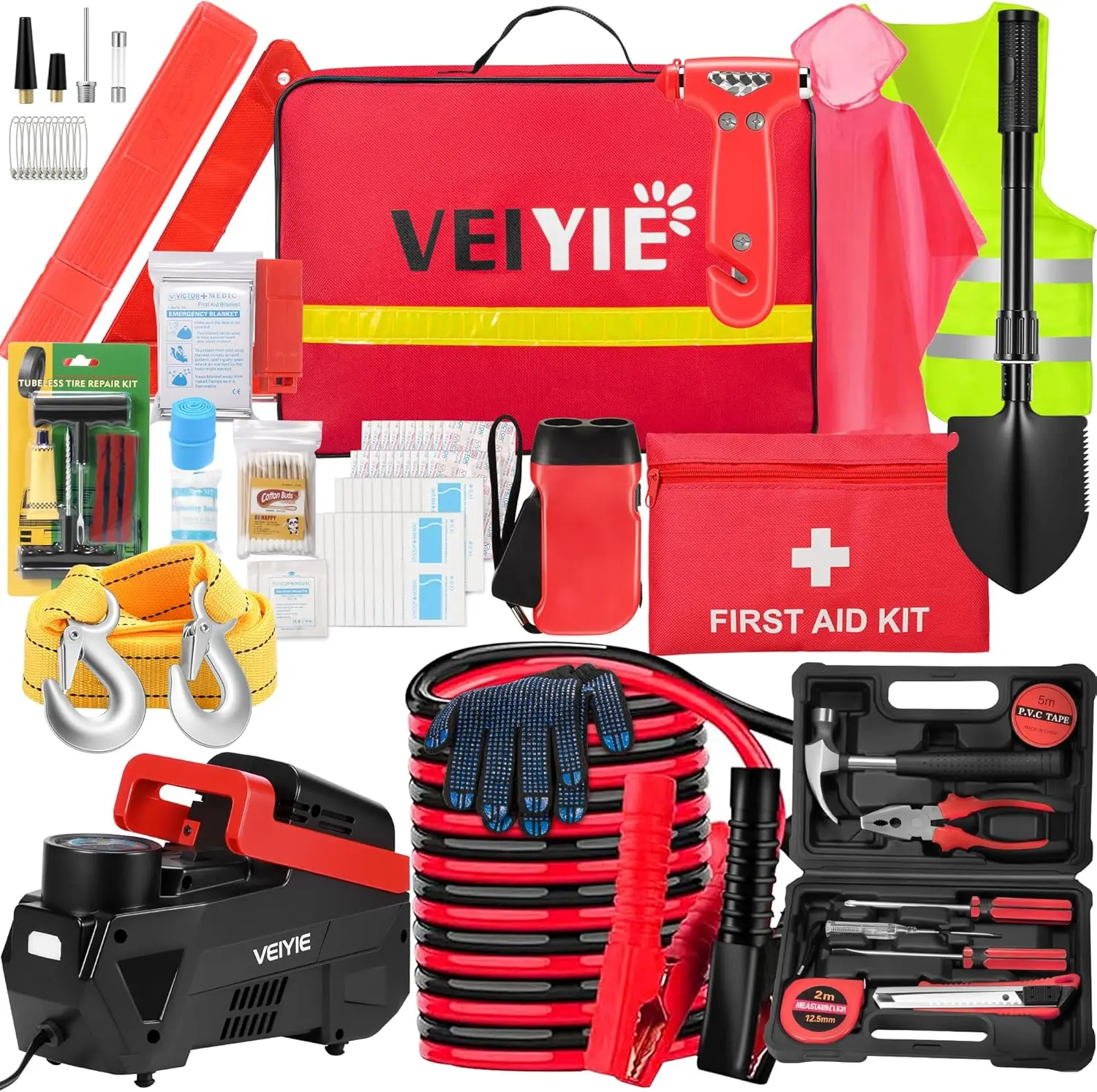 

12PCS Car Safety Kit with Jumper Cables, Air Compressor, Tow Strap for Roadside Emergencies