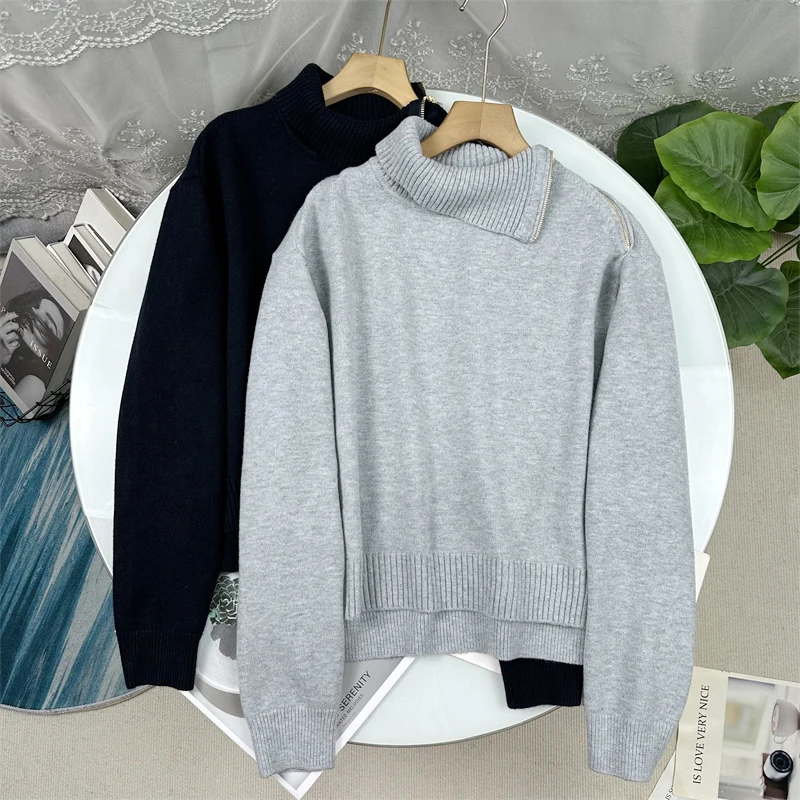 

Элегантный женский вязаный свитер с высоким воротником на молнии, повседневный свободный крой, с длинным рукавом, зимний модный топ для девушек