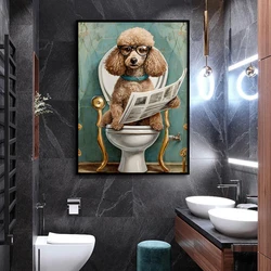 Poodle On Toilet Reading Newspaper Painting Modern Wall Art Canvas Painting Print Funny Animal Picture Bathroom Decor Cuadros