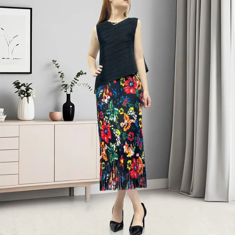 Bedrukte halterrok Rok 2025, zomer nieuwe Miyake mode opvouwbare tweedelige set dames mouwloze effen top elastische taille