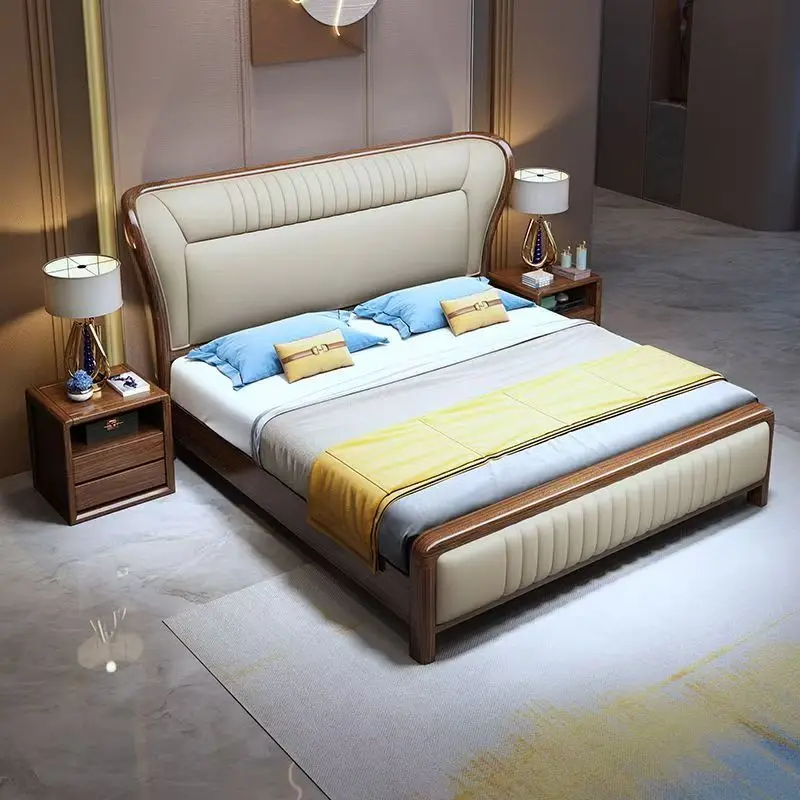 

#Modern New Chinese Style Solid Wood Large Bed Leather