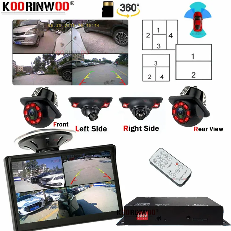OOWLIVEE 360 Around View Black Box Car DVR Cyclic Recorder Channel For Front Camera Rear View Mirror LCD Screen Side View Camera