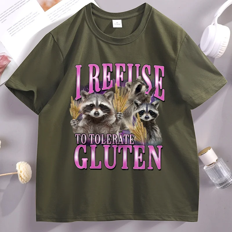رفضت أن أتسامح الغلوتين الجرافيك تي شيرت للجنسين مضحك ريترو الراكون تي شيرت القطن قصير الأكمام بلايز مستديرة الرقبة عادية #2