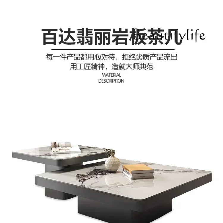 

FF cqyAmerican Simple Retro Living Room Light Luxury High-Grade Small Apartment Home Square Stone Plate High-End Coffee Table