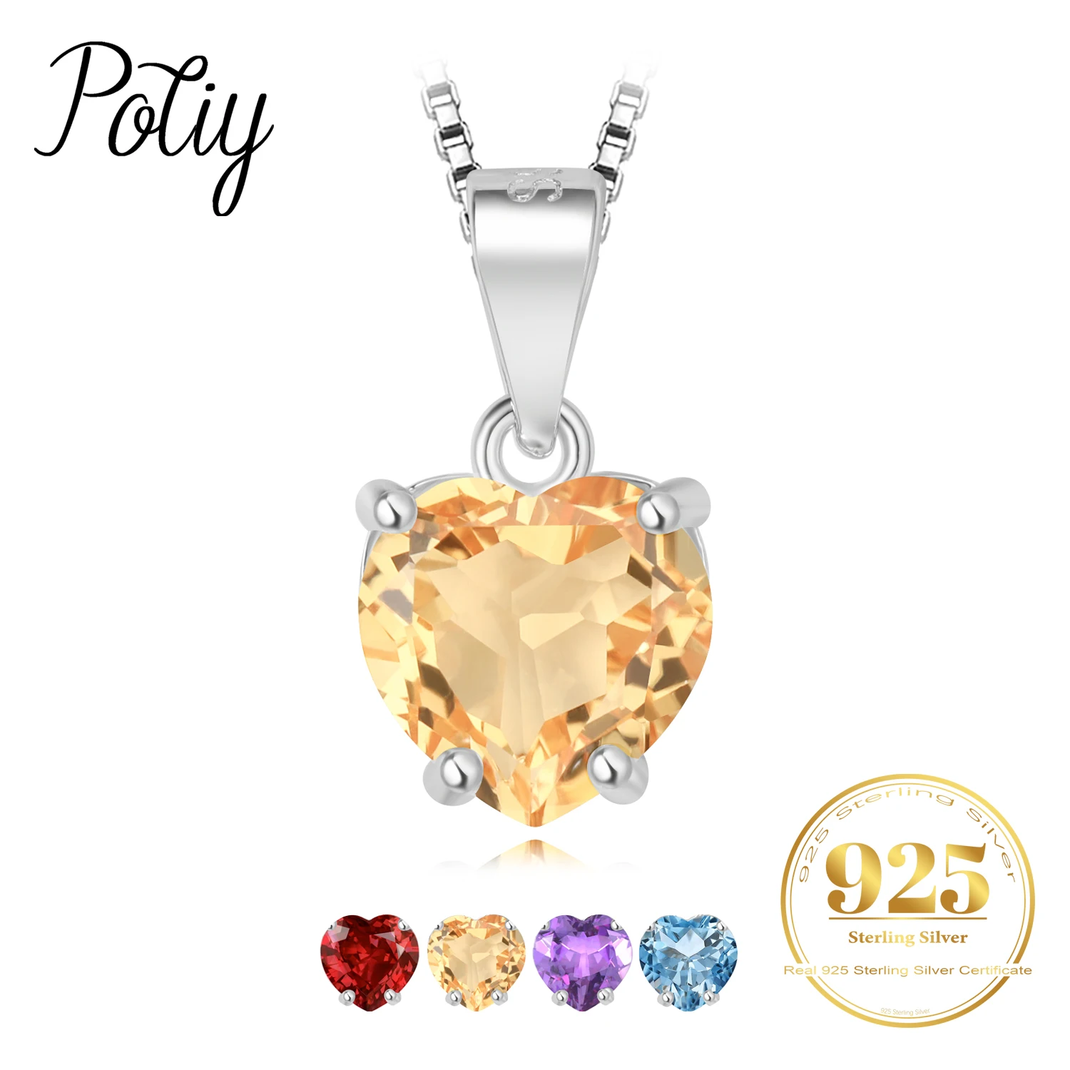 Potiy Naturalny Naszyjnik z Zawieszką w Kształcie Serca 1.57ct Cytryn Błękitny Topaz Granat Ametyst Bez Łańcuszka Srebro Próby 925 Kamień Urodzinowy dla Kobiet