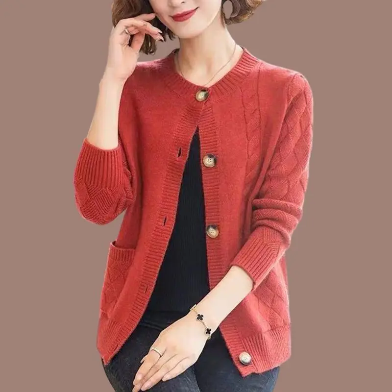 Autumn and Winter Women\'s Round Neck Screw Thread Button Pockets Solid Loose Sweater Fashion Casual Elegant Long Sleeve Tops