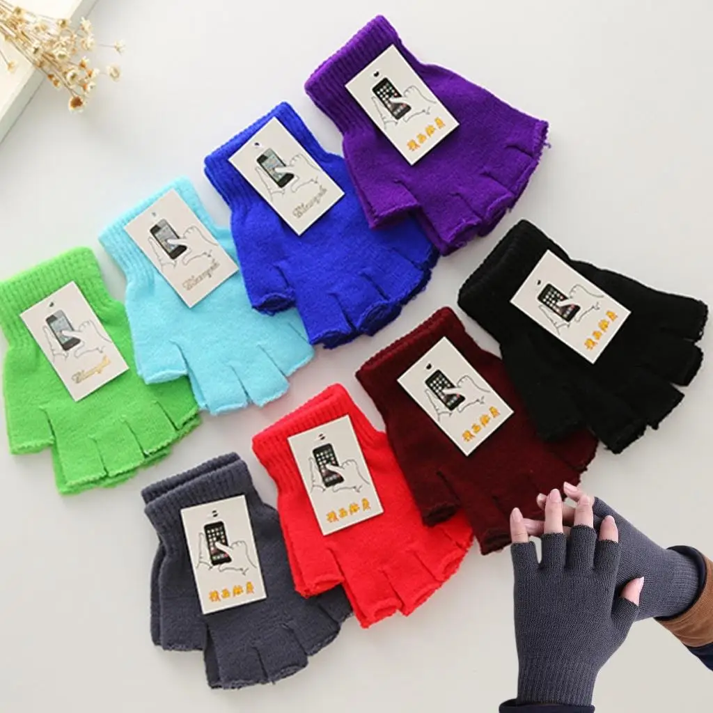 

Winter Solid Color Half Finger Gloves Unisex Thickened Soft Knit Mittens Outdoor Cycling Work Warm Coldproof Fingerless Gloves