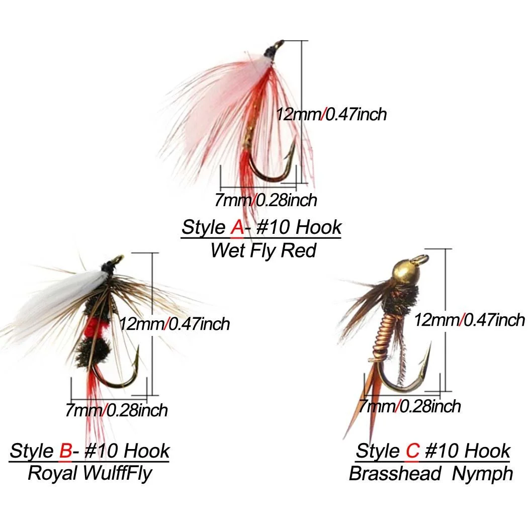 3Pcs Assortment  Different Styles Flies |Brasshead Prince Nymph,Royal WulffFly,Wet Fly Red | Trout, Steelhead, Bass Fishing Lure