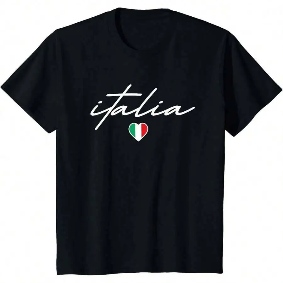 Italian Flag Italy Vintage Italia Heart Cursive Womens Girls T-Shirt 100% Cotton Trendy Y2K Short-Sleeve Tee-Soft, Quick-Drying,