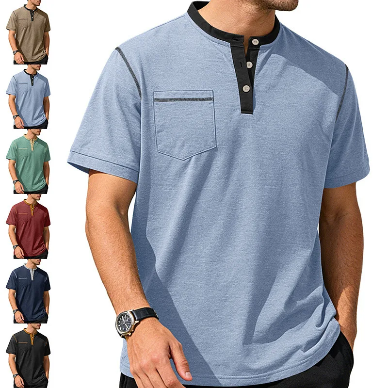 Men's Contrast Stitching Henley T‑Shirt Short Sleeve Stand Collar Button Placket Chest Pocket Casual Tops