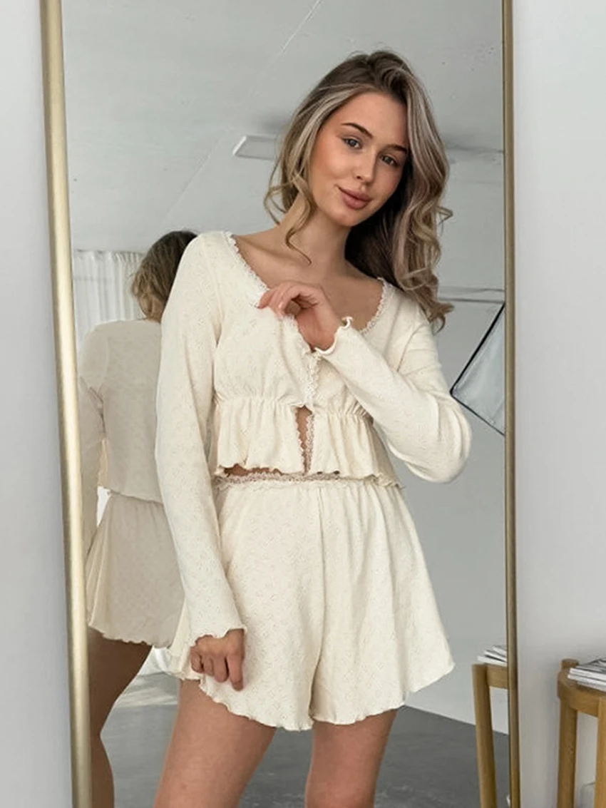 

Marthaqiqi Autumn Women Nightwear Suit Long Sleeve Nightie Lace Up Pajamas Crop Top Nightgown Shorts Causal Ladies Sleepwear Set