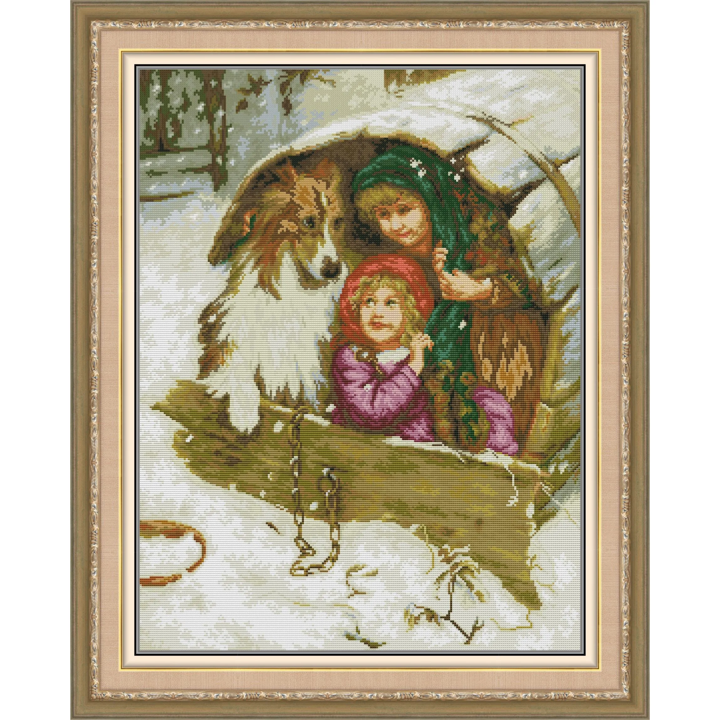 

Soulgift News Pre-Printed Cross Stitch Kit,Stamped Aida Fabric with DMC Threads,Embroidery Kit - Children Playing with Sheepdogs