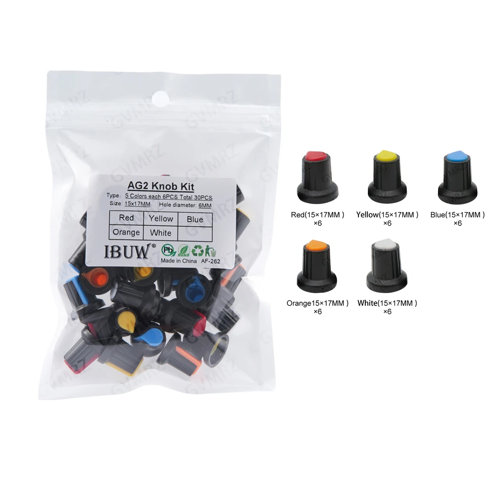 30PCS 5Color AG2 Knob Kit 15x17MM 6MM Hole Diameter for Potentiometer & Switch DIY Electronic Projects Red Yellow Blue Orange