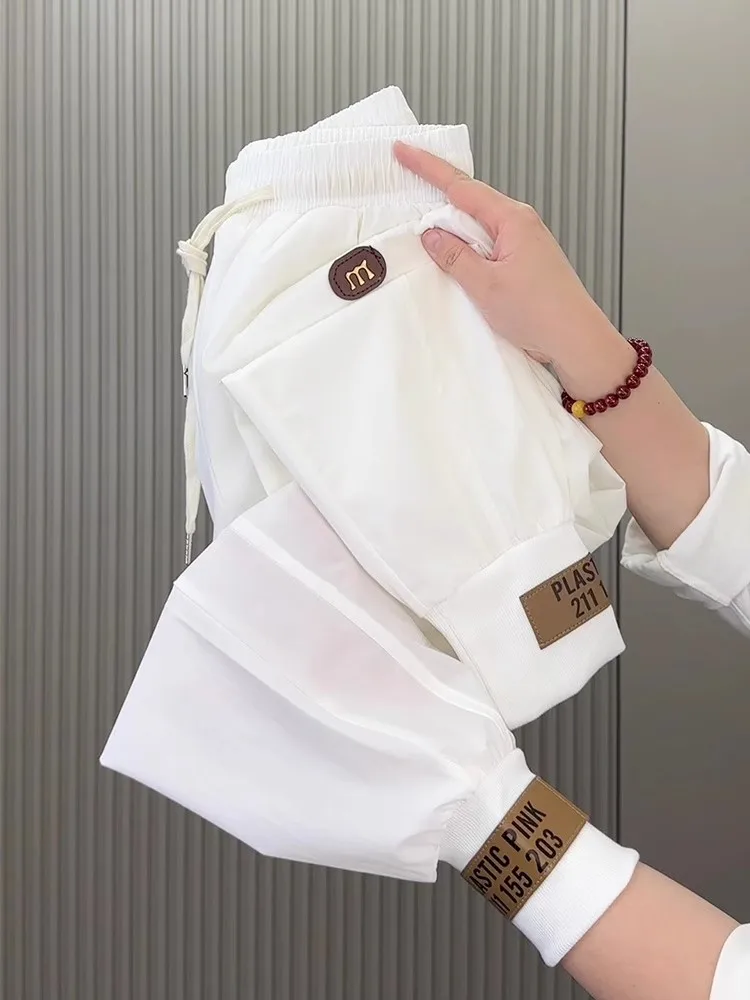 Été mince glace soie pantalon femmes pantalon 2025 nouveau pantalons décontractés taille élastique mode mince sarouel pantalon de sport femme