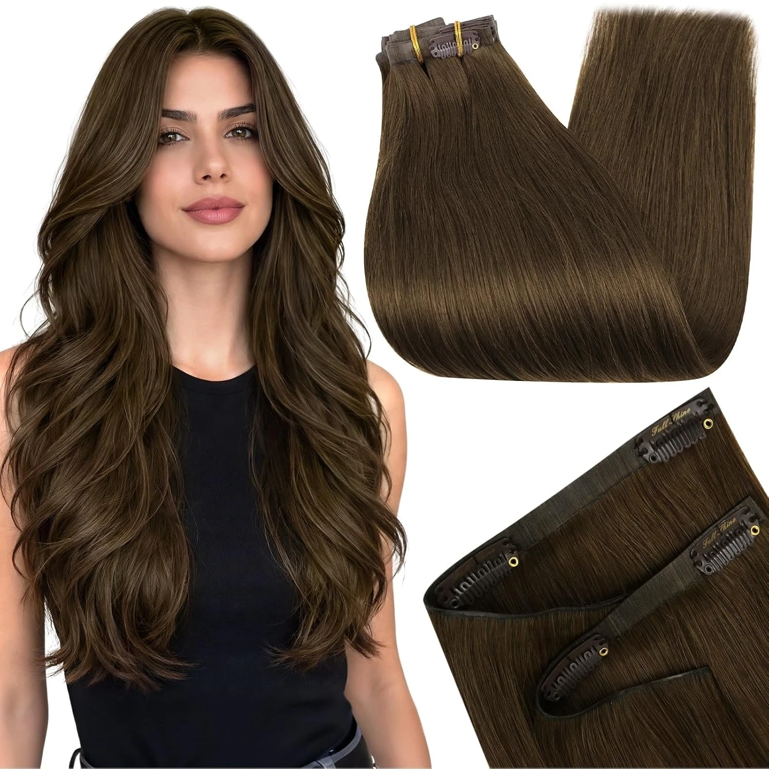 Full Shine 7 Pcs Genius Weft Clip In Hair Extensions Human Hair Seamless Invisible PU Weft Clip Ins For Women