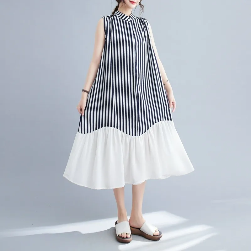 

Johnature Summer New Loose Panel Stripe Contrast Sleeveless Dresses Fashion Minimalist Women A-Linen Dresses 2024