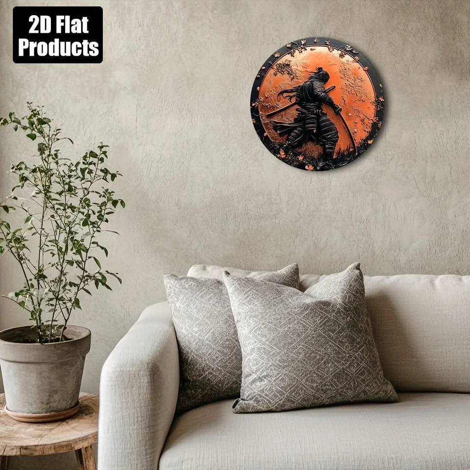 Japanese Samurai Warrior Metal Wall Art 8x8 Inch - Classic 2D Circular Aluminum Decor for Home Office Bar Kitchen - Perfect Holi, image 5