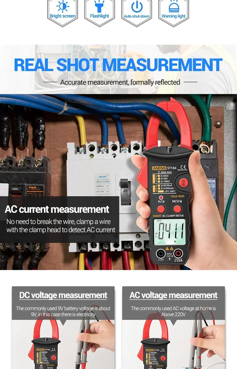 ANENG ST184 True RMS Zangenamperemeter Digitales Multimeter AC DC Spannung Strom Widerstand NCV Induktionsdetektor für Elektriker – Detail 2