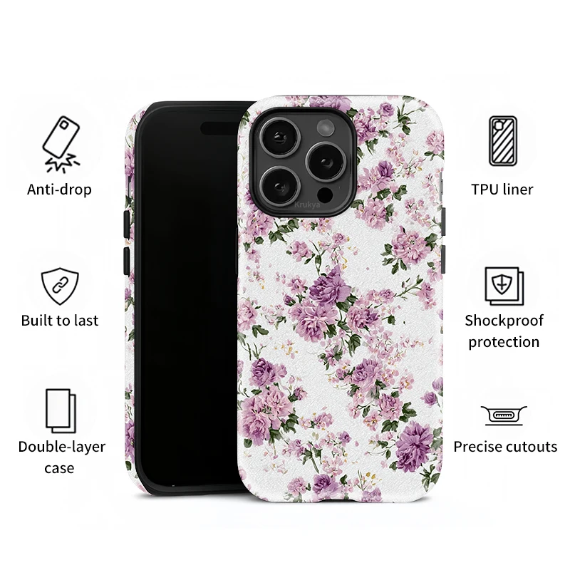 Krukya جراب هاتف آيفون X XR XS ماكس SE 2020 16 15 14 Plus 13 12 11 Pro Max الصلب PC طبقة مزدوجة غطاء زهرة الأكريليك