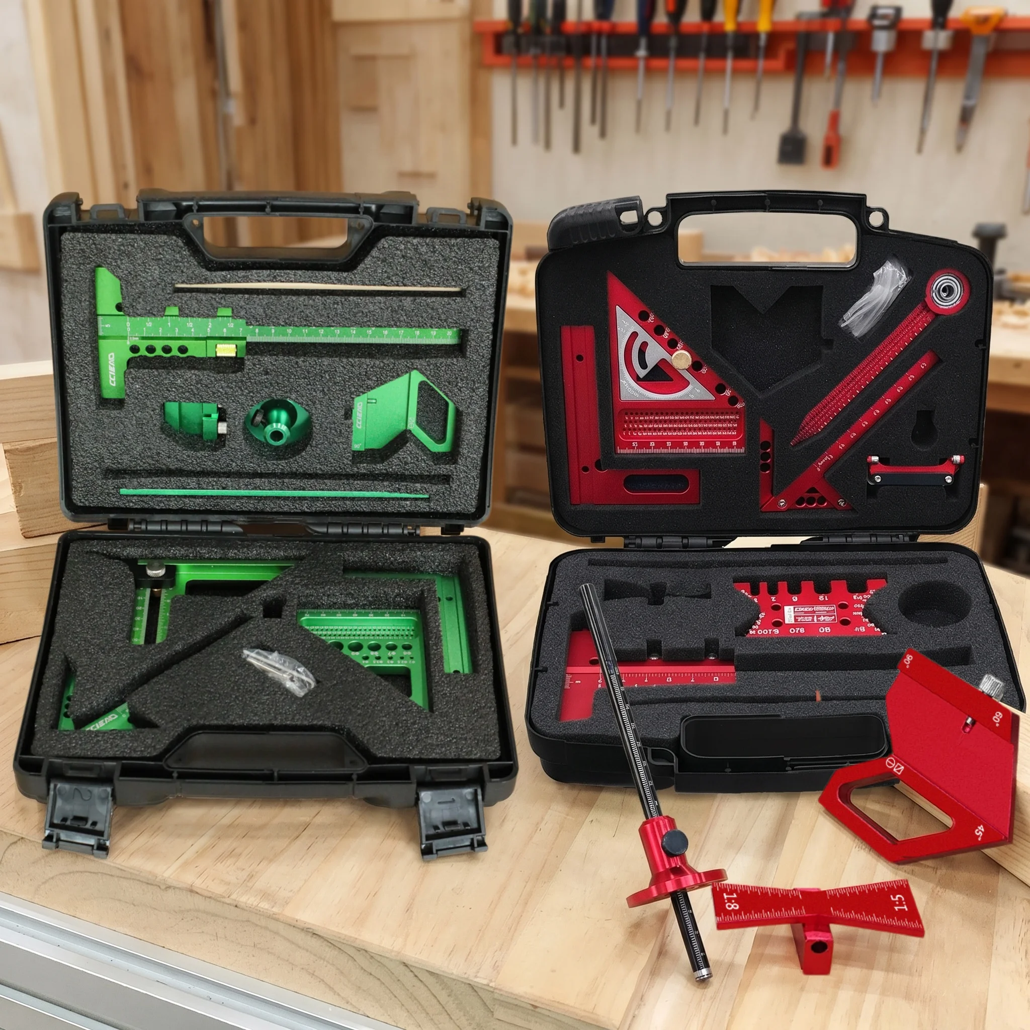 Green/Red Multifunction Woodworking Layout Tool Kit, Precision Measuring, Marking and Angle Gauge Set with Storage Case