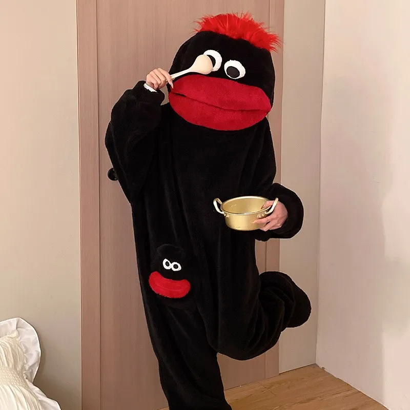 Hot Big Mouth Monster Cute Funny Onesie Pajamas Thickened Coral Fleece Homewear For Couples Men Women Autumn Cartoon Pajamas view 3