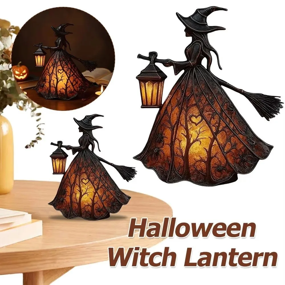 16cm Halloween Witch Lamp Scary Standing Design Broomstick Witch Statues Festive Atmosphere Holding Lantern Resin Night Light