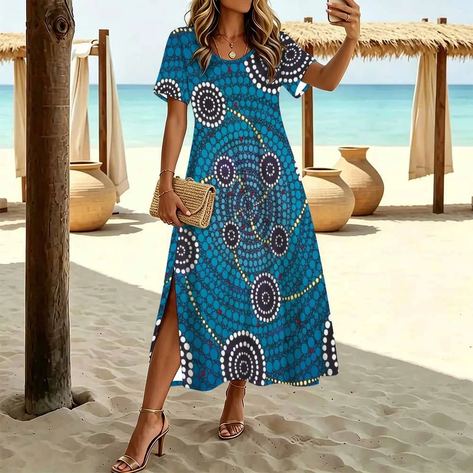 Emergence Women's Round Neck Short Sleeve Split Long Dress