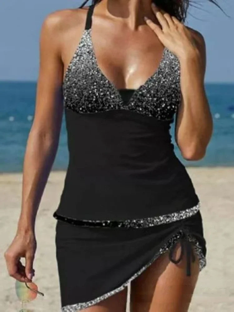 Plus Size Feather Halter V Neck Women Tankini Swimsuit 2025 Swimwear Tummy Control Bathing Suit Mujer Beach Skirt Swimdress 3XL