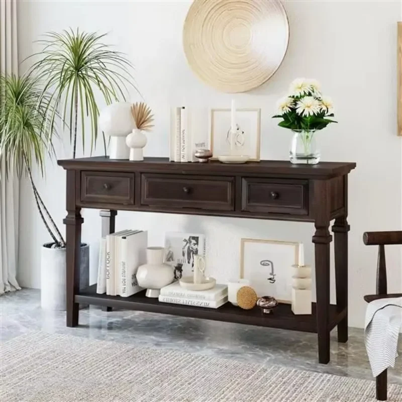 Classic retro-style espresso console table with three top drawers and bottom open shelf for easy assembly