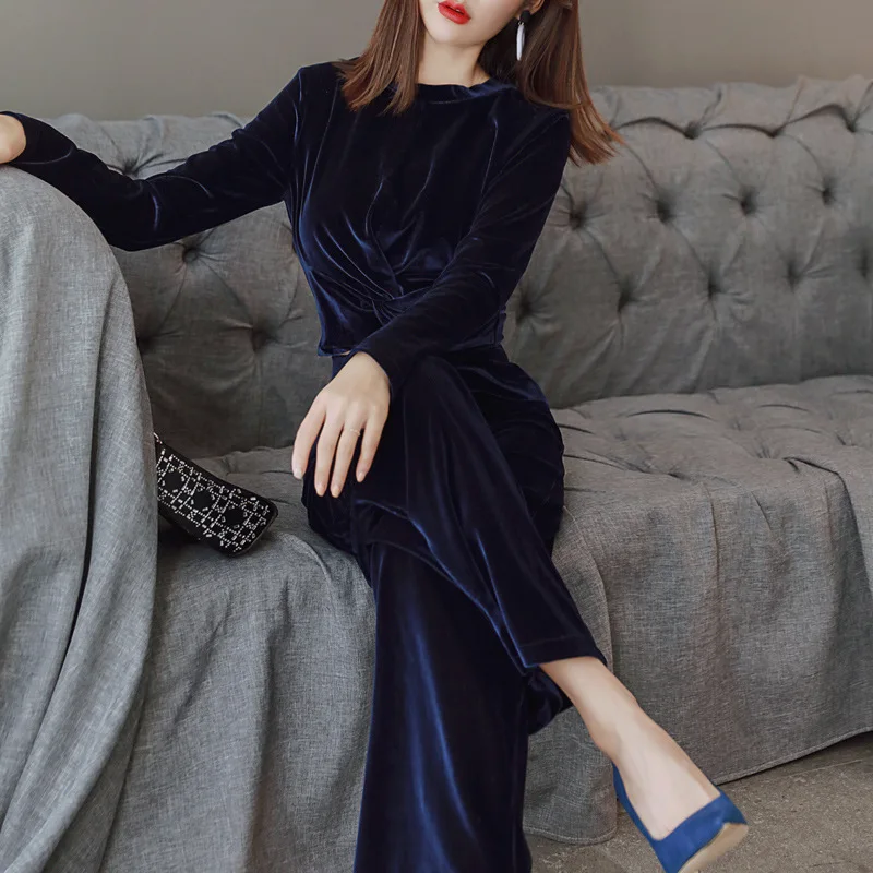 Casual Suit Autumn New Women's Clothing Fashion Velvet Two-piece Set Foreign Style Age-reducing Wide-leg Pants Trousers