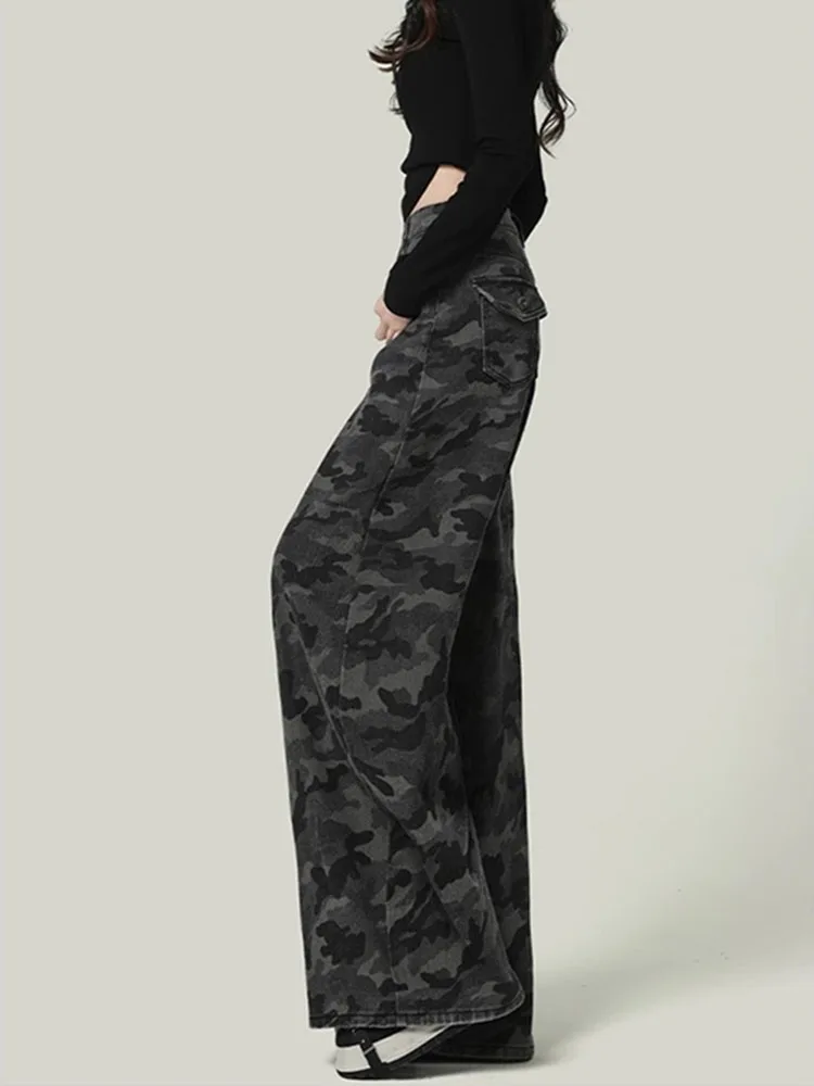 بنطلون جينز نسائي واسع الساق بنمط التمويه الأمريكي الرجعي، خصر عالي وفضفاض مستقيم للخريف والشتاء، بنطلون عمل