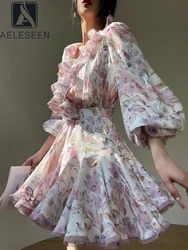 AELESEEN Bohemian Summer 2 Pieces Set Women Spring Autumn Lantern Sleeve V-Neck Ruffles Blouse + Mini Skirt Floral Print Set