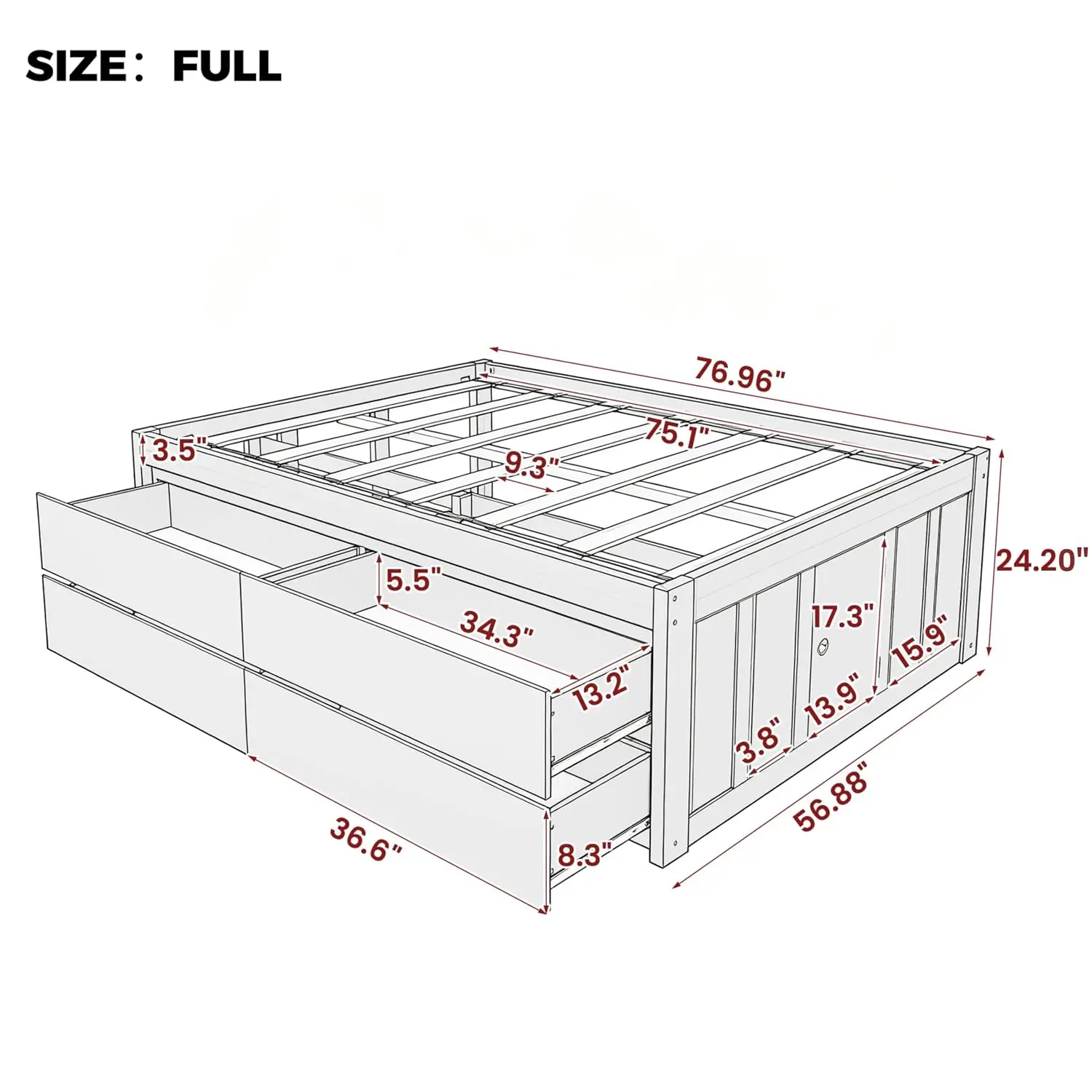 Full Size Bed Frame Storage Drawers & Side-Opening Cabinet, Customized