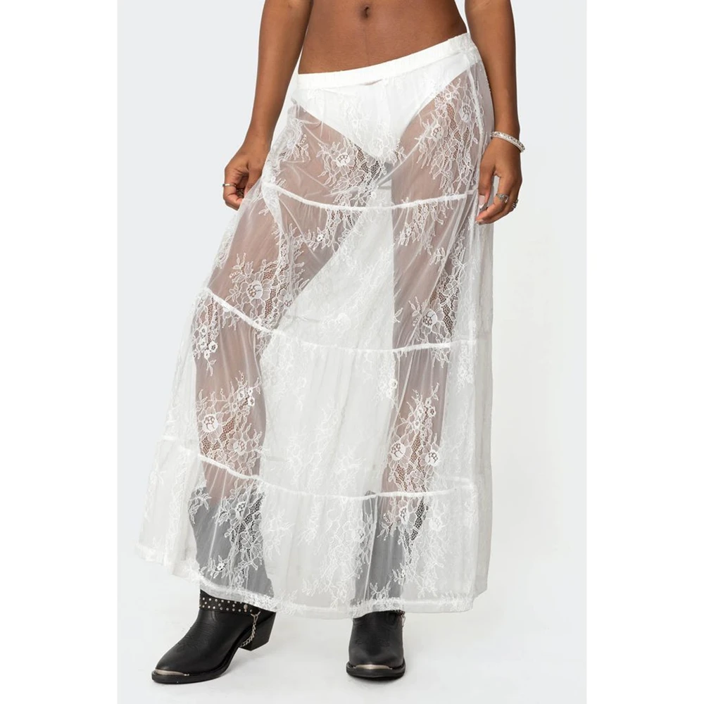 

Combhasaki Womens Y2K Summer Beachwear Loose Fit Sheer Mesh See Through Stylish Lace Flower Elastic Low Waist A-line Long Skirts