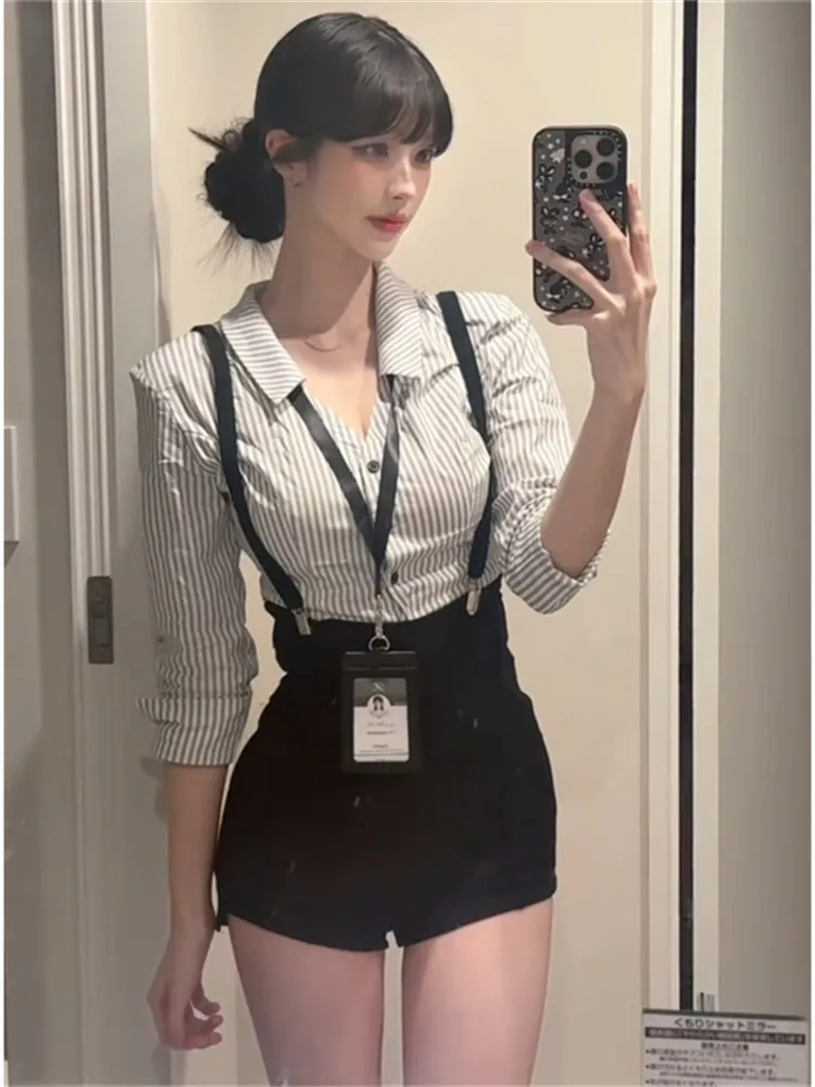 Trendy Lady Style Striped Shirt And Short Pants Two-Piece Set for Women Spring New Arrival High Waist Short Pants Button up S...